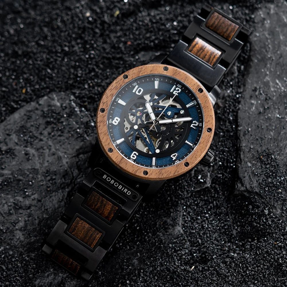 Automatic Mechanical Watch BOBO BIRD New Top Business Men Wooden Wristwatch Unique Custom Engraved Watches Christmas Gift Box