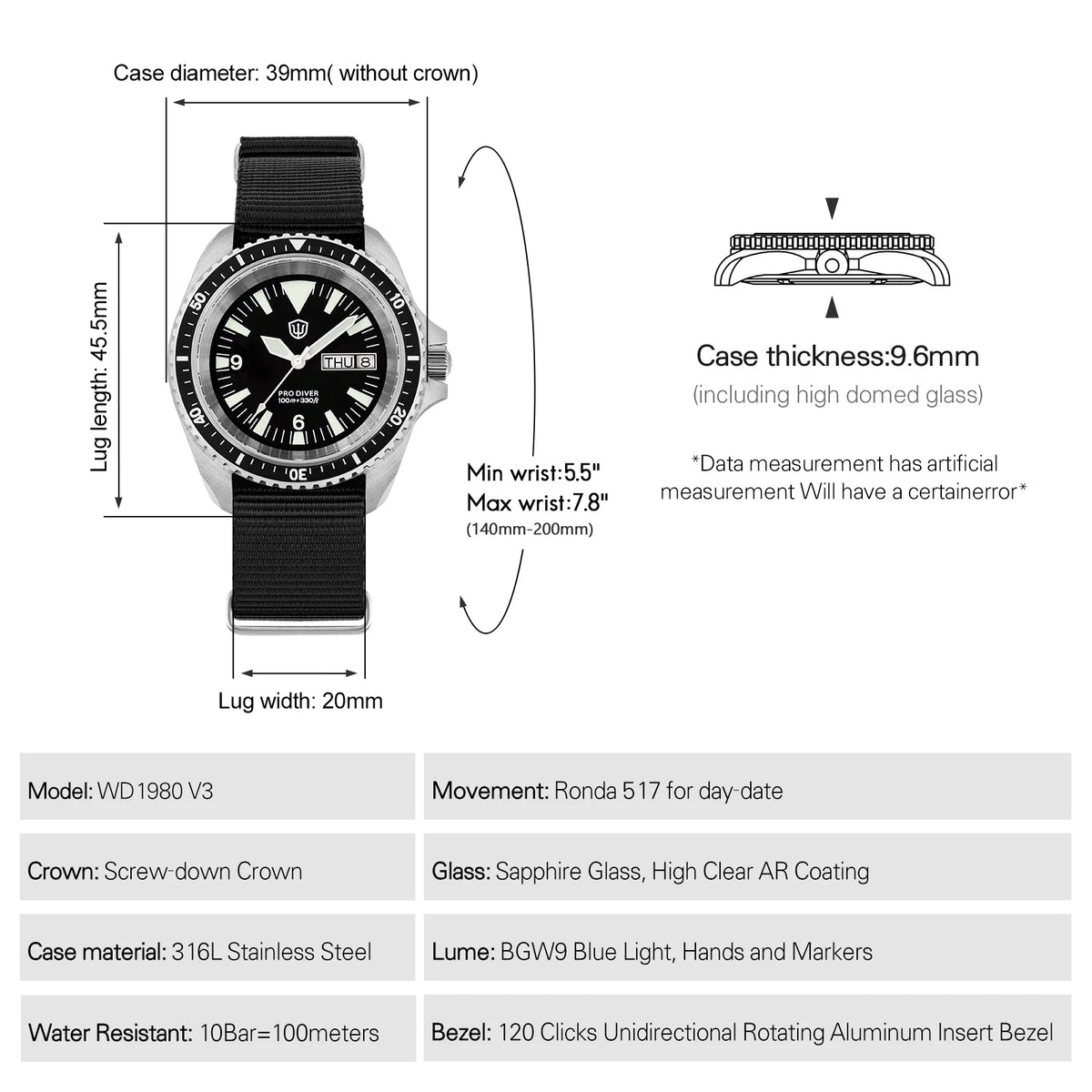 Watchdives WD1980 V3 38mm Men Watch Vintage VH31 Ronda 515 Sweep Seconds Quartz Movement Watches Luminous Sapphire Wristwatch
