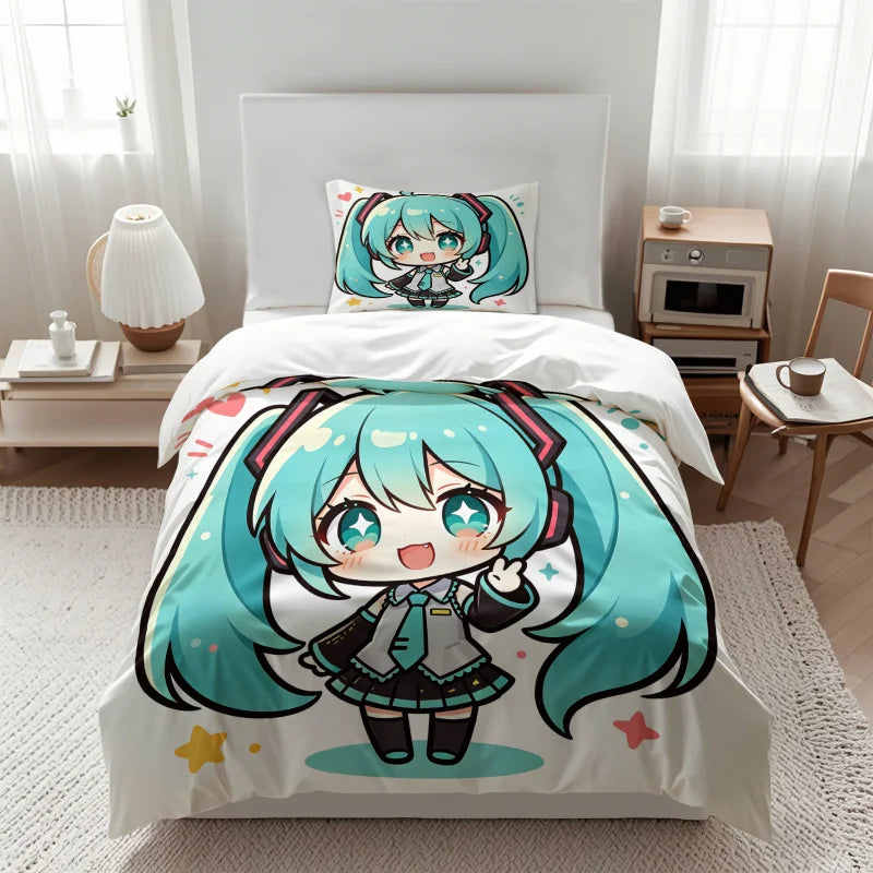 Conjunto de capa de edredão estilo chibi Hatsune Miku, roupa de cama anime adorável com fronhas, decoração para quarto gaming de adolescentes e crianças, presente para fãs