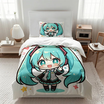 Conjunto de capa de edredão estilo chibi Hatsune Miku, roupa de cama anime adorável com fronhas, decoração para quarto gaming de adolescentes e crianças, presente para fãs