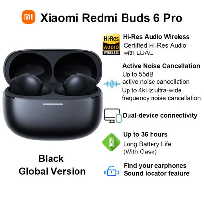 Xiaomi Redmi Buds 6 Pro Wireless Bluetooth Earphones – Hi-Res LDAC, 55dB Active Noise Cancelling ANC Earbuds with Microphone