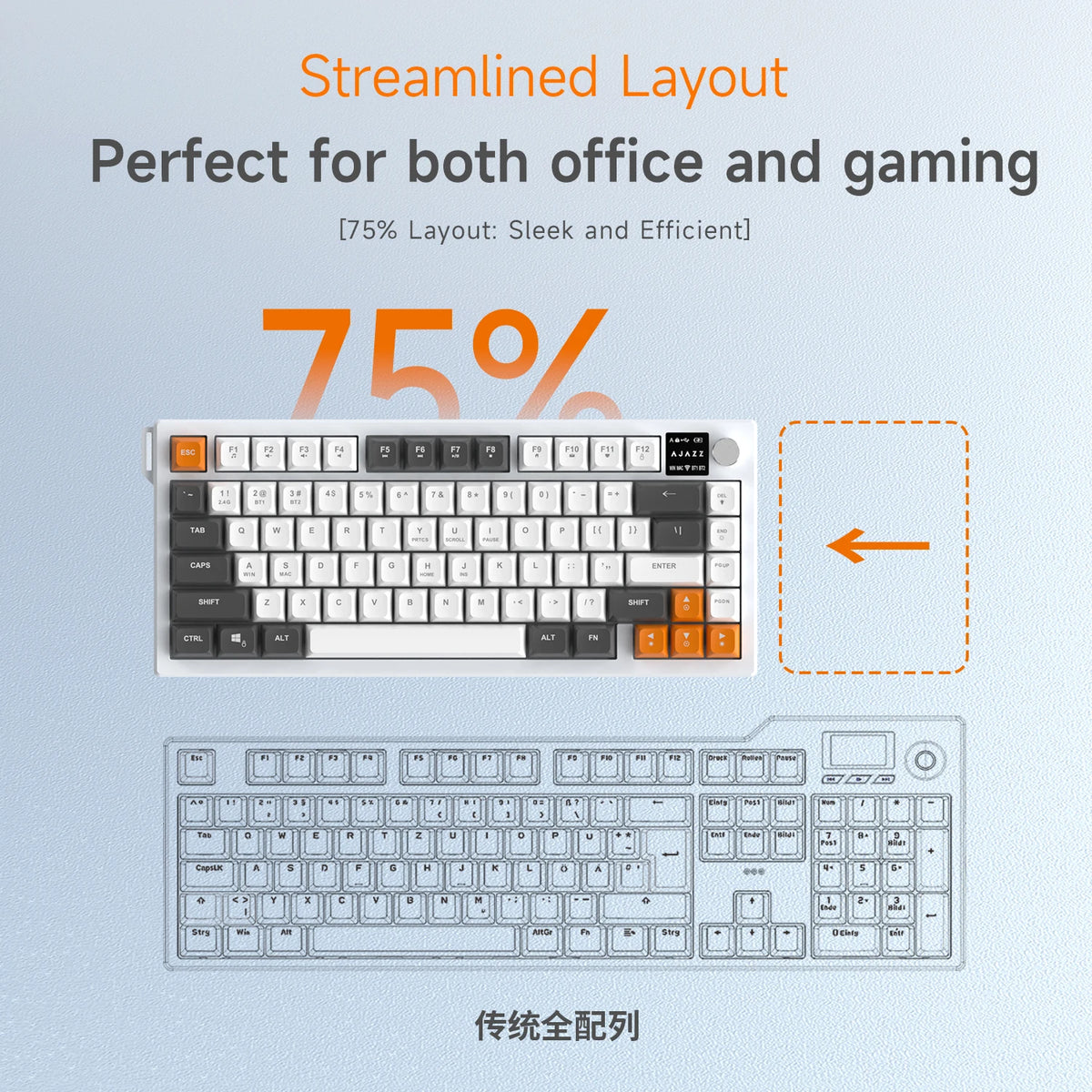 AJAZZ AF82 Low-Profile Electrostatic Keyboard Tri-Mode Wireless 75% Mechanical Gaming Keyboard with Display Screen, Hot-Swappable, 4000mAh Battery