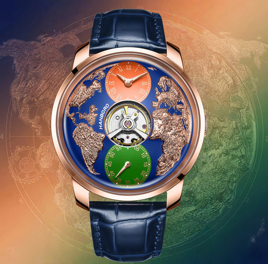 HANBORO World Time Series Men's Fully Automatic Mechanical Watch with Hollow Flywheel World Earth Personality Watch 1026