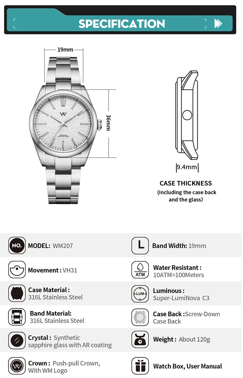 WM Watch Quartz Men Watches High Quality Sapphire 100M Waterproof AR Coated Birch Forest Series Welly Merck 36mm Watch Man WM207