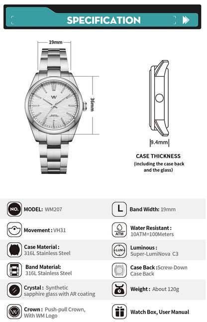 WM Watch Quartz Men Watches High Quality Sapphire 100M Waterproof AR Coated Birch Forest Series Welly Merck 36mm Watch Man WM207