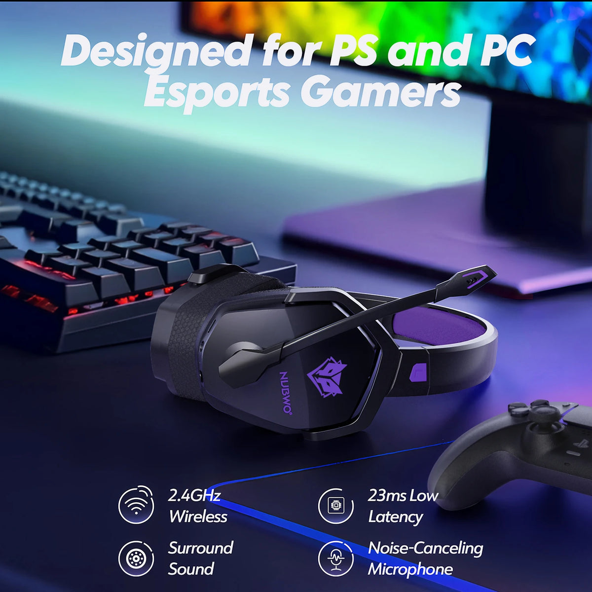 NUBWO G06 Dual Wireless Headsets Gamer with Microphone for PS5, PS4, PC, Mobile, Switch, 2.4GHz Bluetooth 5.3 Gaming Headphones
