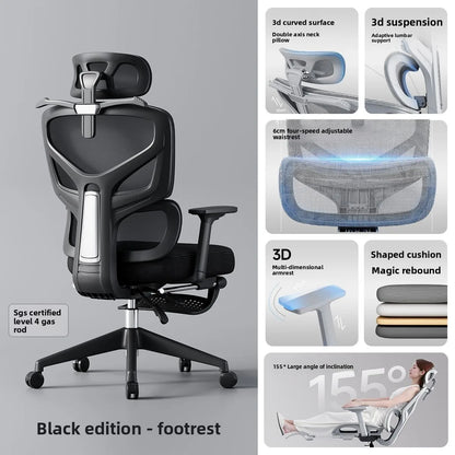 Nastavitelná ergonomická kancelářská židle ze síťoviny, prodyšná počítačová židle s vysokým opěradlem, 6D bederní opěrkou a výsuvnou podnožkou
