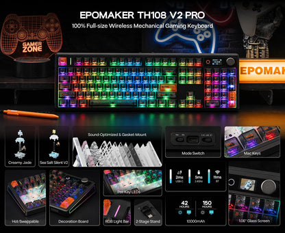 EPOMAKER TH108 V2 PRO 100% ANSI US Layout Wired/Bluetooth/2.4Ghz Wireless Mac Modifier Mechanical Keyboard with Screen & Knob