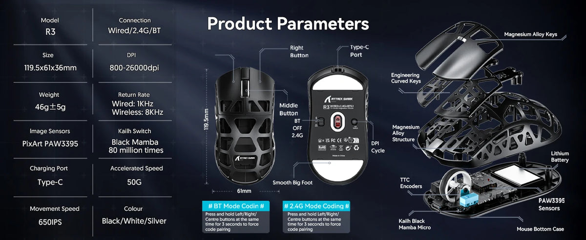 Mouse ATTACK SHARK R3 8KHz in lega di magnesio, sensore PixArt PAW3395, fino a 26000 DPI, 2.4G/BT/cablato, ultraleggero da 46g, per PC/Mac