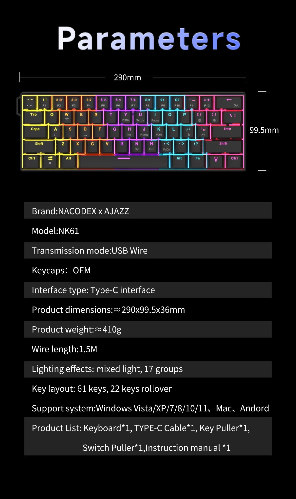 AJAZZ NK61 Wired 61-Key Gaming Mechanical Keyboard 60% RGB Lighting Hot-Swappable Red Switches 61 Keys Suitable for Gamers