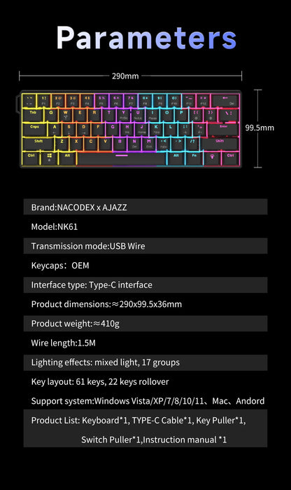AJAZZ NK61 Wired 61-Key Gaming Mechanical Keyboard 60% RGB Lighting Hot-Swappable Red Switches 61 Keys Suitable for Gamers