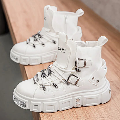 Fashion Rivet Black High top Sneakers Men Leather Design Luxury Shoes Street Gothic Punk Boots Men Motorcycle Boots Big Size 46