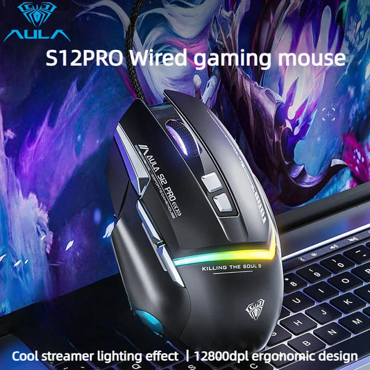 AULA S12Pro žična mehanska miška 1000HZ 12800DPI RGB z nizko zakasnitvijo, programabilnimi makri, e-športna gaming miška, dodatki za PC gamerje