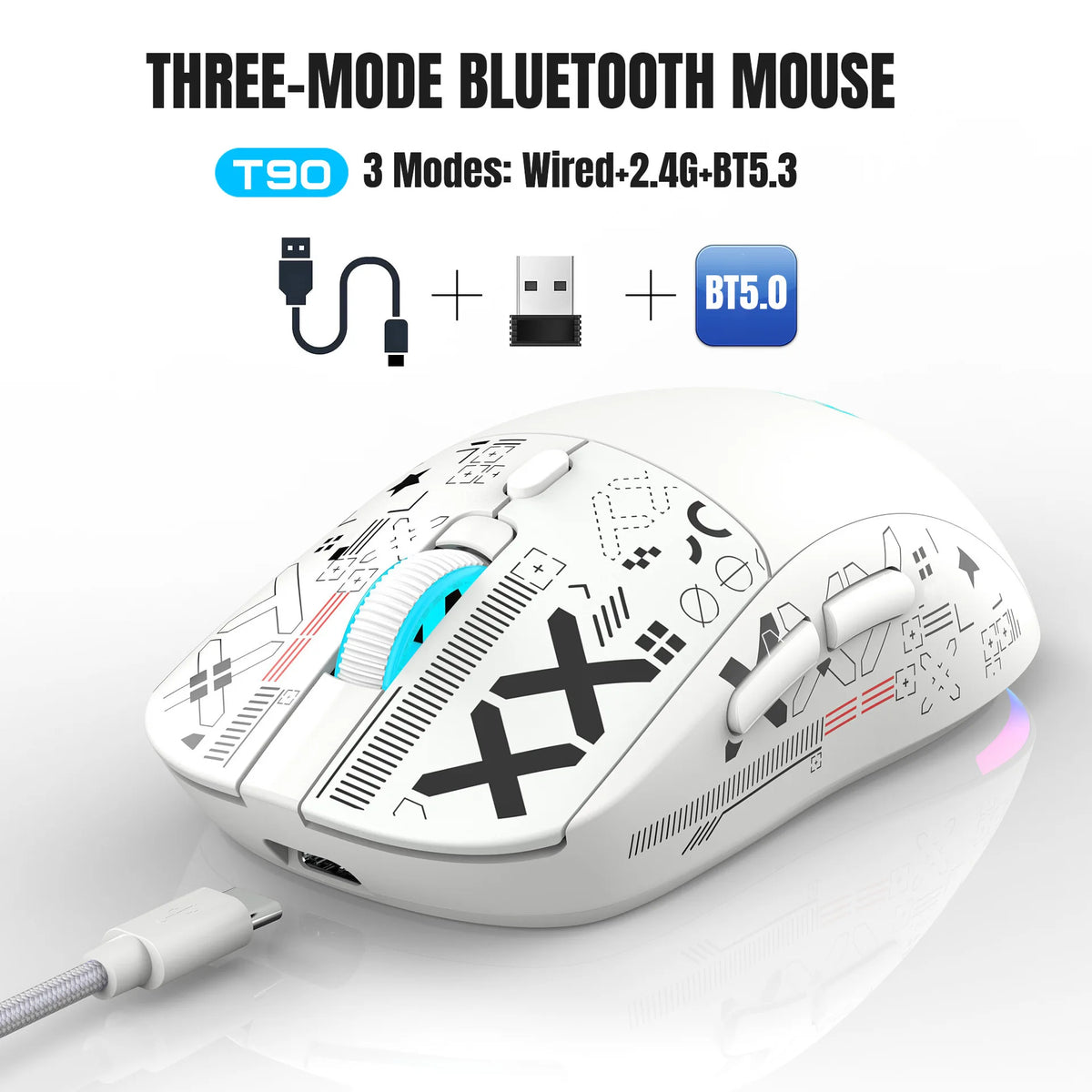 Mouse gaming Bluetooth a 3 modalità, ricaricabile, 2.4G USB wireless, con retroilluminazione RGB, per iPad, tablet, laptop e computer