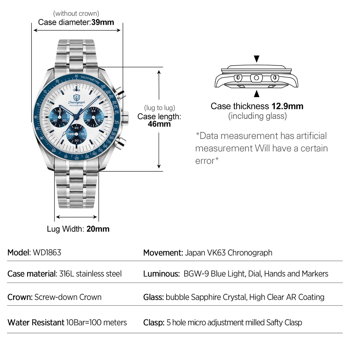 Watchdives WD1863 39mm Watch VK63 Quartz Chronograph Movement BGW9 Luminous 10Bar Waterproof 39mm Vintage Watches