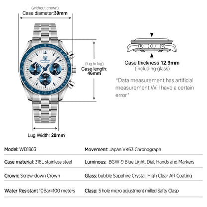 Watchdives WD1863 39mm Watch VK63 Quartz Chronograph Movement BGW9 Luminous 10Bar Waterproof 39mm Vintage Watches