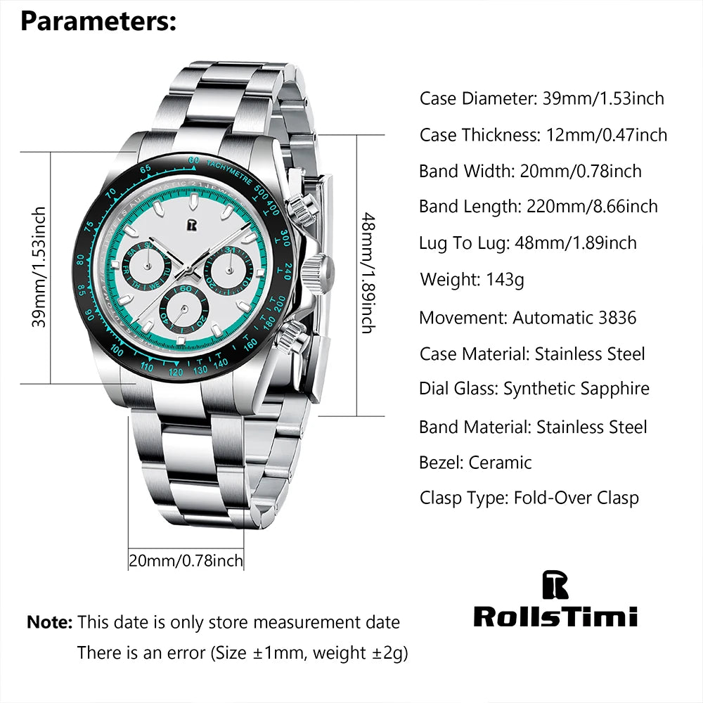 RollsTimi Men's Watches Top Luxury Sapphire Men's Mechanical Watches Calendar Week stainless steel waterproof relógios masculino