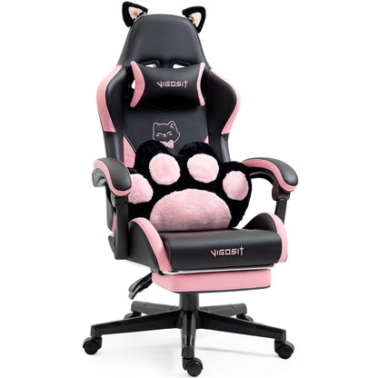 VIGOSIT Gaming Chair with Cute Cat Ears, Ergonomic Computer Gaming Chair for Girls, Kawaii Pillow, Lumbar Support, Adjustable Reclining Gamer Chair