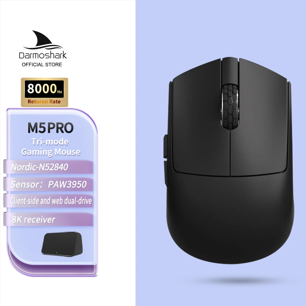 Mouse gaming wireless Darmoshark M5Air in fibra di carbonio forgiata 8K PAW3950 30K DPI per mani piccole, presa fingertip, macro di gioco, ultraleggero