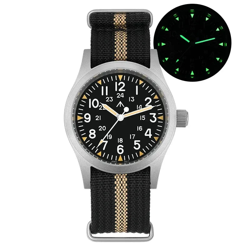 Relógio Militar Militado ML05 de 38 mm, movimento Miyota, cristal de safira abaulado, luminiscência verde C3, resistente à água até 10 bar, relógios vintage