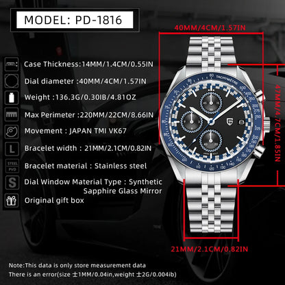 PAGANI DESIGN Top Luxury Men's Quartz Watch Business Elite VK67 Stainless Steel Sapphire Glass 100m Dive Calendar Luminous Watch
