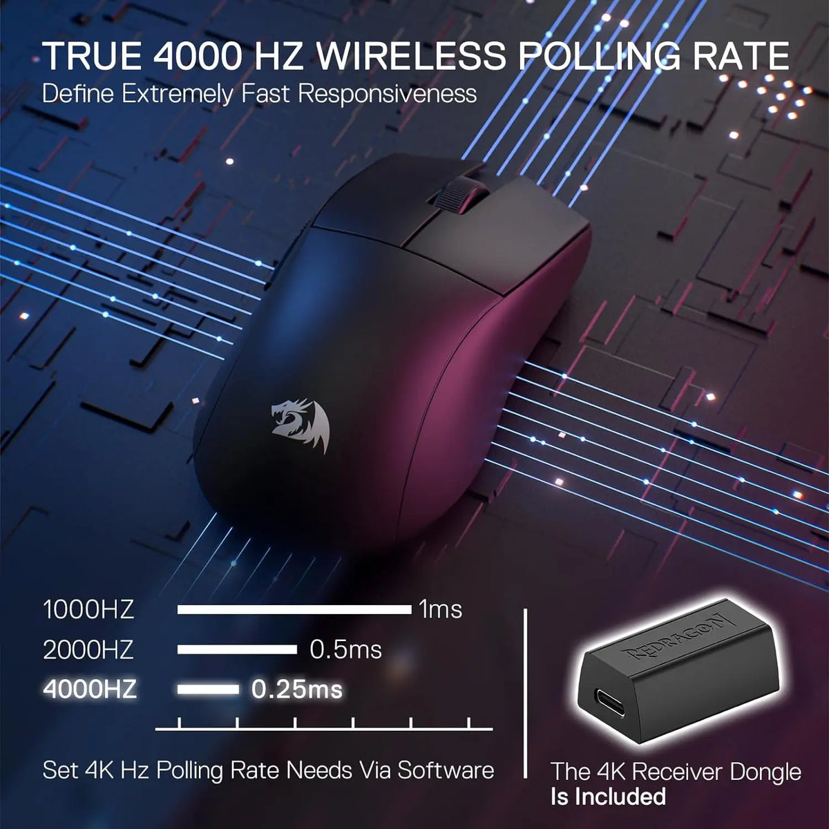Redragon M916 PRO draadloze gamingmuis met 3 modi, Hype-Speed 4K polling rate, ultralichte 49G gamermuis met 26K DPI