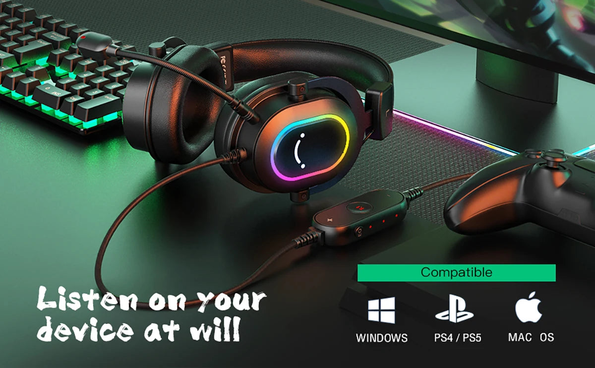 Fifine Dynamic RGB Gaming Headset with Mic Over-Ear Headphones 7.1 Surround Sound PC PS4 PS5 3 EQ Options Game Movie Music - H6