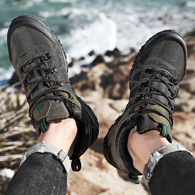 HIKEUP Celoroční pánské turistické boty pro outdoorové sporty z pravé kůže, odolné proti opotřebení, horolezecké boty s gumovou podrážkou, trekingové tenisky