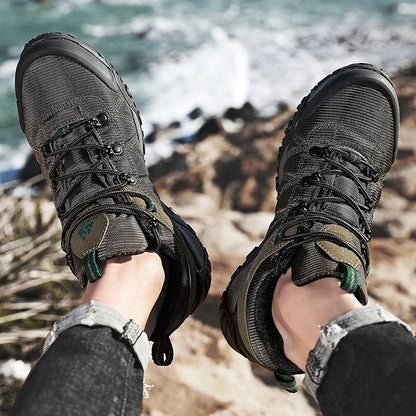 HIKEUP Celoroční pánské turistické boty pro outdoorové sporty z pravé kůže, odolné proti opotřebení, horolezecké boty s gumovou podrážkou, trekingové tenisky
