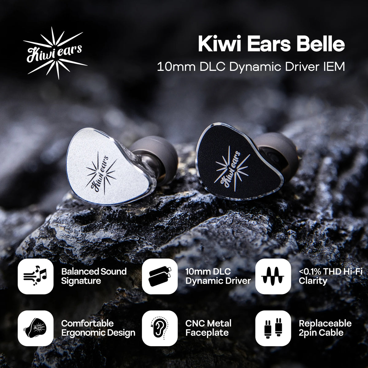 Linsoul Kiwi Ears Belle HiFi Earphones 10mm DLC Dynamic Driver IEM Wired Earbuds, Precision Sound Signature In-Ear Monitor for Audiophile Music & Gaming