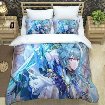 Ložní souprava Anime Genshin Impact pro chlapce a dívky, velikost Twin/Queen, povlak na přikrývku a povlak na polštář, pro děti i dospělé, módní bytový textil