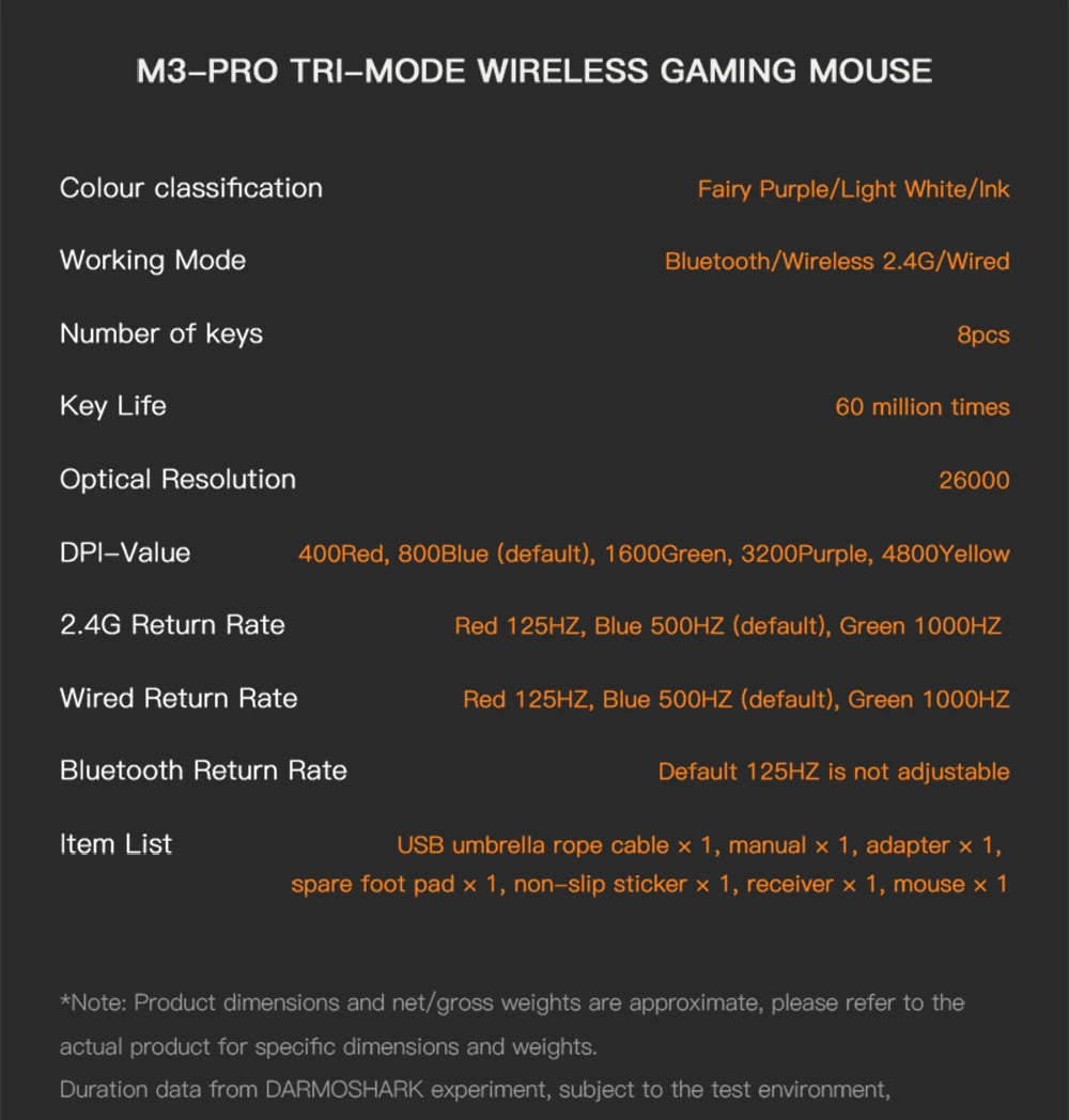 Ratón gaming Darmoshark M3Pro 2.4G BT inalámbrico trimodo con sensor PAW3395 N52840, 26000DPI, para manos grandes, controlador macro para gaming