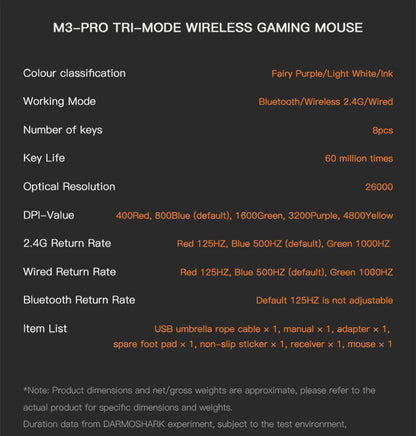 Ratón gaming Darmoshark M3Pro 2.4G BT inalámbrico trimodo con sensor PAW3395 N52840, 26000DPI, para manos grandes, controlador macro para gaming