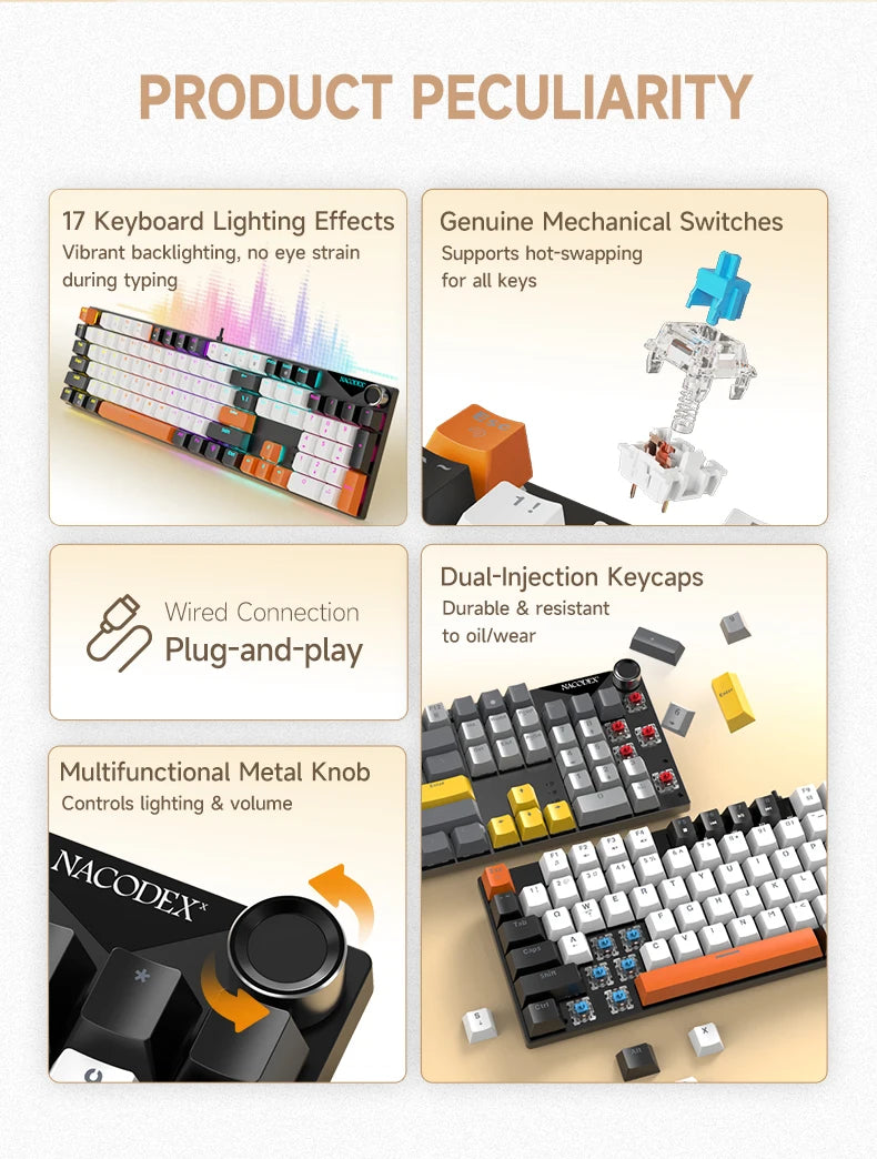 AJAZZ NK104 Wired Typing Mechanical Keyboard with Metal Knob Switch and Backlight Function for Laptops