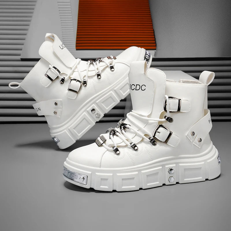 Fashion Rivet Black High top Sneakers Men Leather Design Luxury Shoes Street Gothic Punk Boots Men Motorcycle Boots Big Size 46