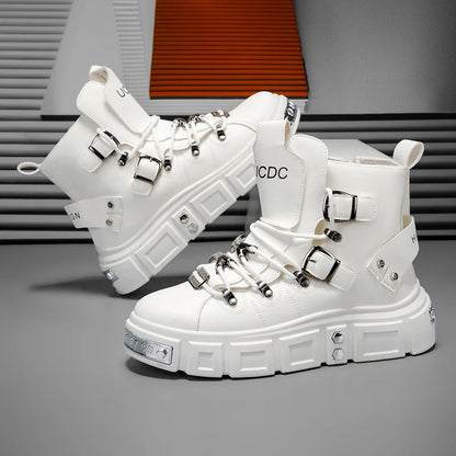 Fashion Rivet Black High top Sneakers Men Leather Design Luxury Shoes Street Gothic Punk Boots Men Motorcycle Boots Big Size 46