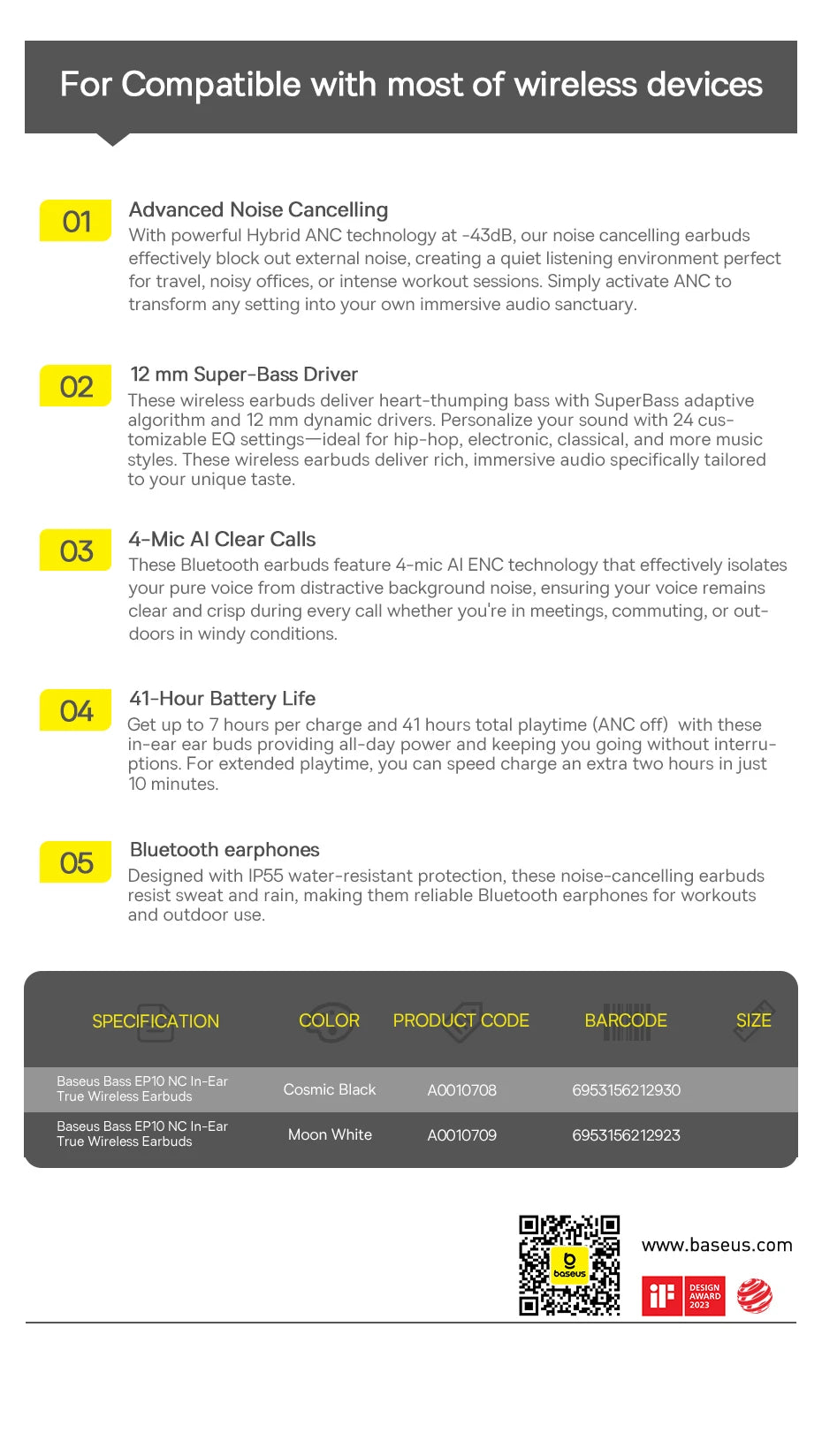 Baseus Bass EP10 NC True Wireless Earbuds Bluetooth 6.0 – ANC Noise Cancelling Earbuds with 4-Mic AI Clear Calls & 41H Playtime