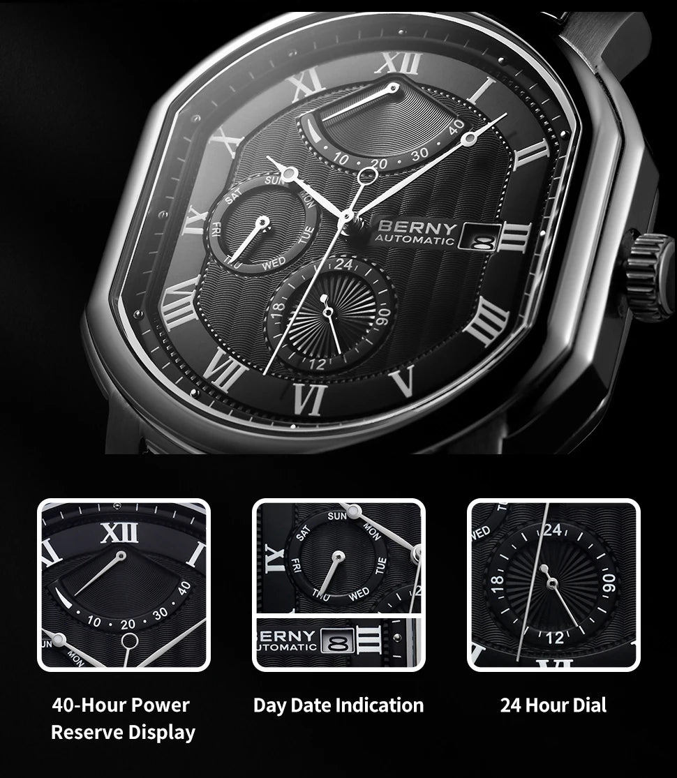 BERNY Men Mechanical Watch Top Accuracy Move Automatic Wristwatch Luxury Male Clock Sapphire Self-Winding Men's Watch Waterproof