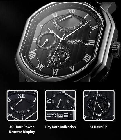 BERNY Men Mechanical Watch Top Accuracy Move Automatic Wristwatch Luxury Male Clock Sapphire Self-Winding Men's Watch Waterproof