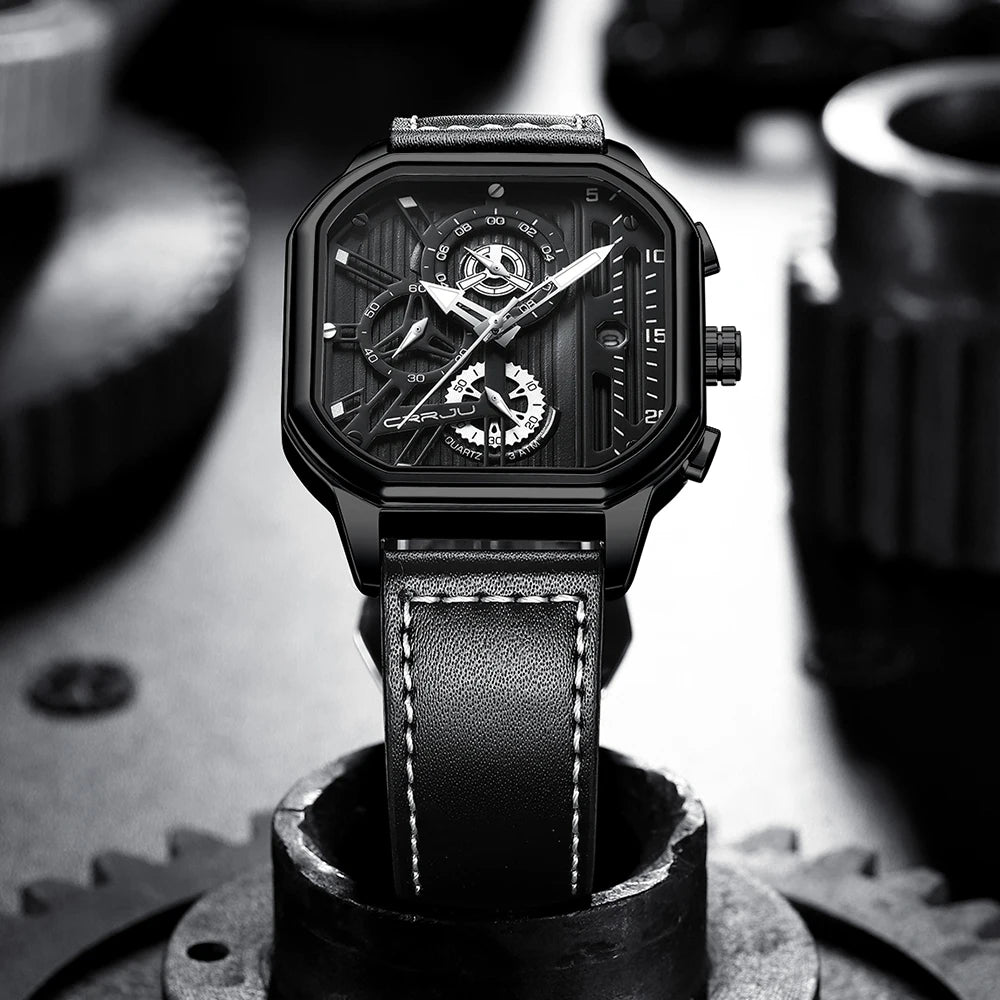 CRRJU Fashion Square Dial Leather Mens Watches Luxury Sport Waterproof Watch Man Chronograph Quartz WristWatches Homme+Box