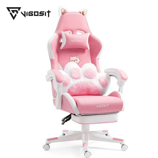 VIGOSIT Gaming Chair with Cute Cat Ears, Ergonomic Computer Gaming Chair for Girls, Kawaii Pillow, Lumbar Support, Adjustable Reclining Gamer Chair