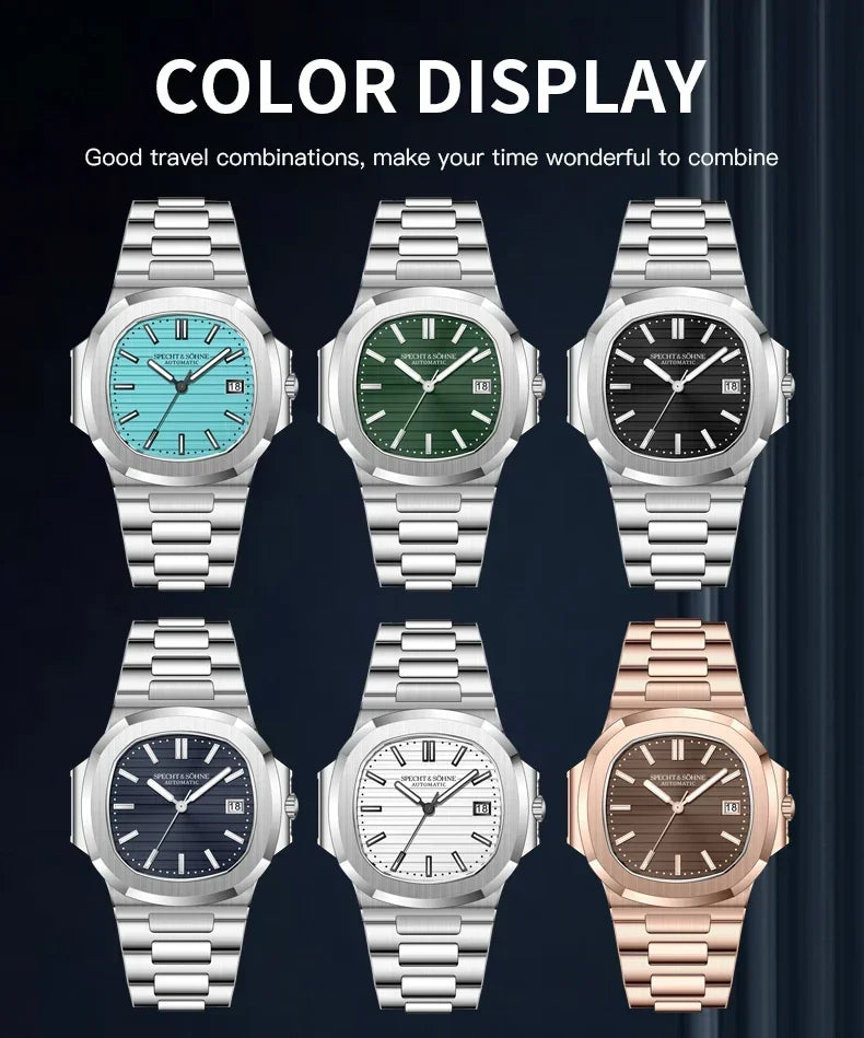 Relógio de homem Specht & Söhne 40 mm em ouro rosa, Japão, Miyota 8215, mecânico automático, aço, cristal de safira, resistente à água até 50 m