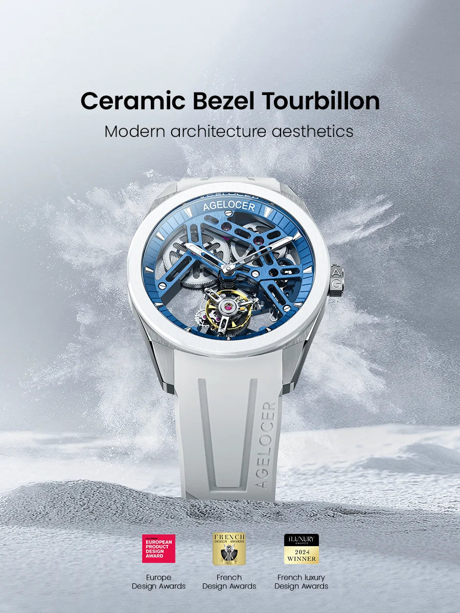 AGELOCER Original Tourbillon Watch Ceramic Bezel Men's Vogue Luxury Skeleton Manual Mechanical Watch Birthday Gift for Men