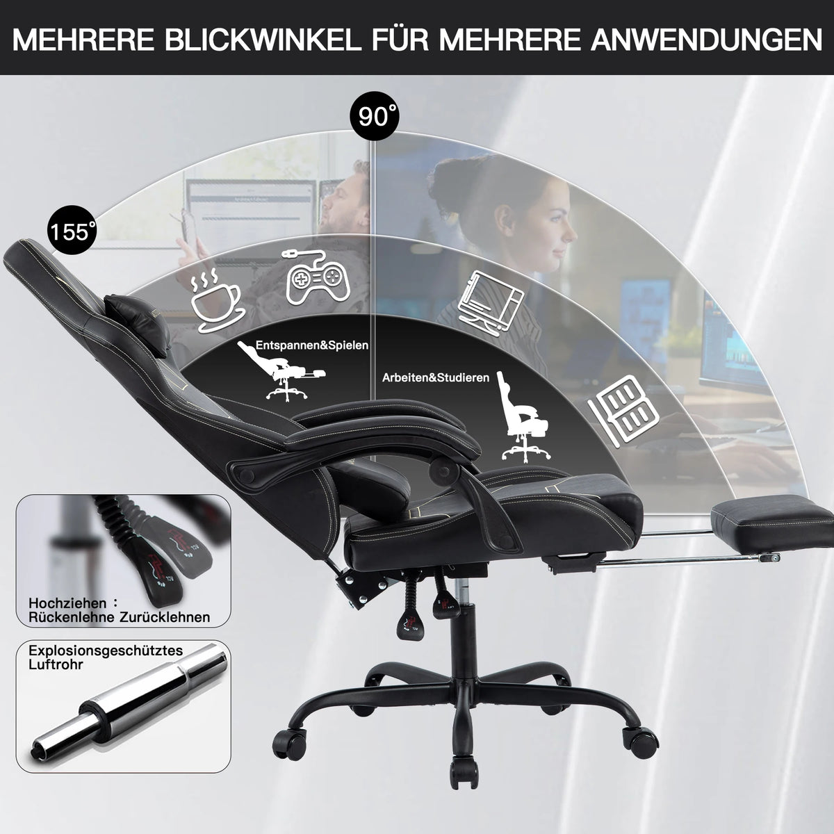 WOTSTA Ergonomic Gaming Chair with Footrest, Racing Computer Chair, Adjustable Height Office Chair with Armrests, Comfortable Leather Gaming Seat