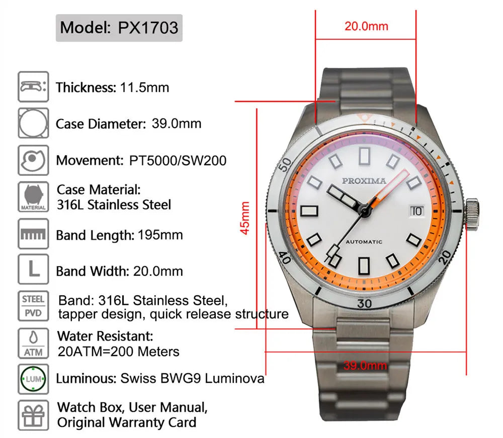 Proxima PX1703 Luxury Diver Watch Business Waterproof Male Clock PT5000 Men Watches Stainless Steel Sapphire Bezel BGW9 Luminous