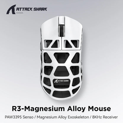Mouse ATTACK SHARK R3 8KHz in lega di magnesio, sensore PixArt PAW3395, fino a 26000 DPI, 2.4G/BT/cablato, ultraleggero da 46g, per PC/Mac