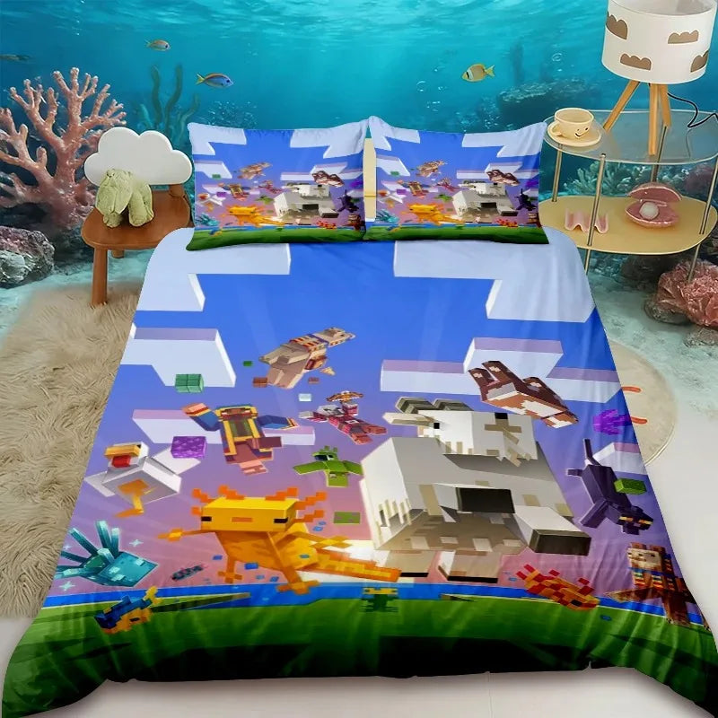 Cartoon Children Duvet Cover Minecraft Cartoon Quilt Cover Bedding Set Queen King Full Size with 1/2 Pillocase Bedroom