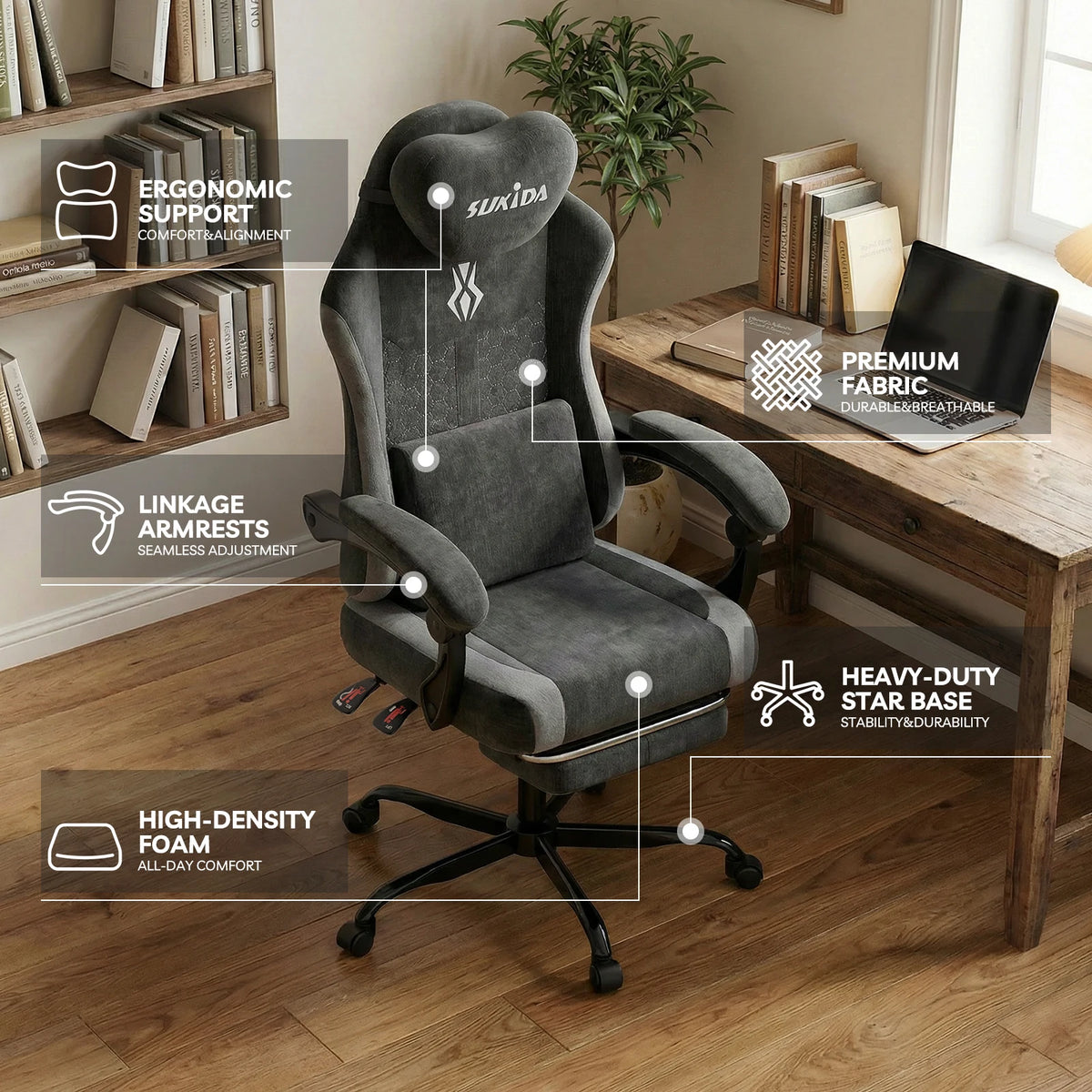SUKIDA Ergonomic Gaming Chair Breathable Fabric Office Chair with Lumbar Support, Adjustable Height PC Gaming Chair, Comfortable Executive Desk Chair