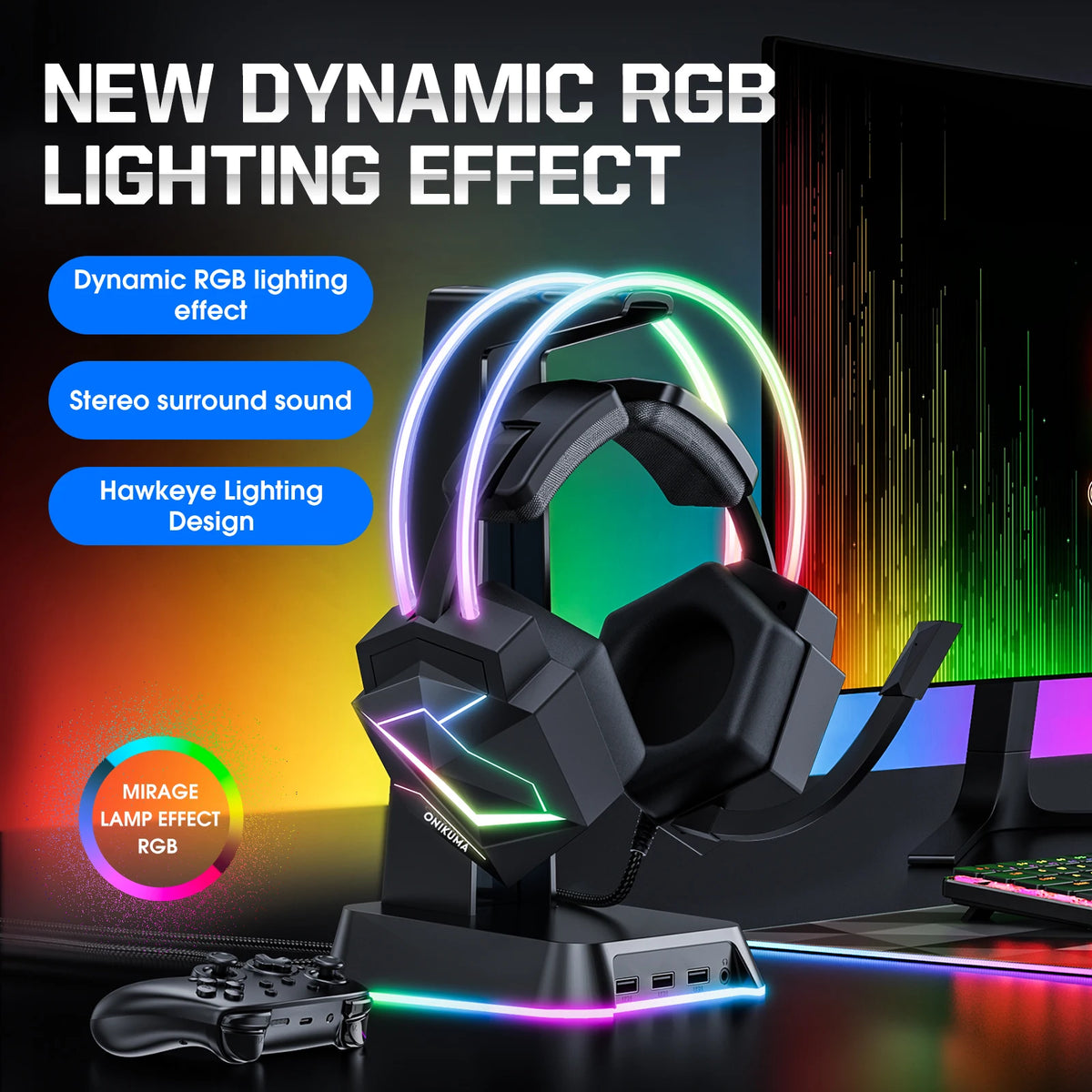 ONIKUMA X20 Gaming Headset RGB Wired Gaming Headphones with Mic, Surround Sound Bass Over-Ear Gaming Headset for PS5, PC, Xbox & Laptop