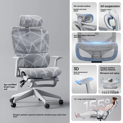 Nastavitelná ergonomická kancelářská židle ze síťoviny, prodyšná počítačová židle s vysokým opěradlem, 6D bederní opěrkou a výsuvnou podnožkou